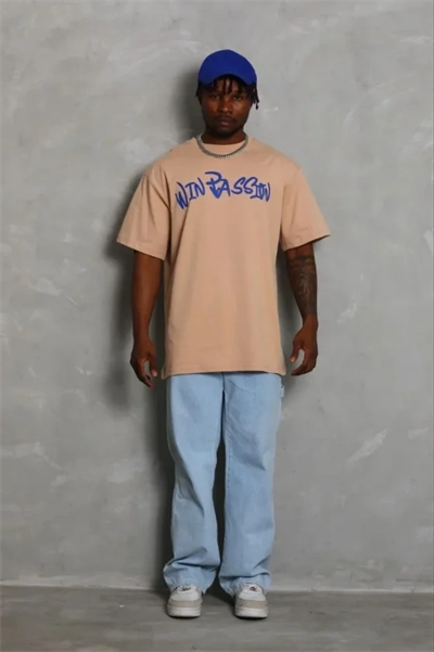 Erkek Baskılı T-Shirt Kısa Kol Bisiklet Yaka Regular Fit Rahat Kalıp Günlük Tişört - Bej