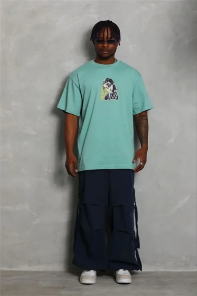 Erkek Baskılı T-Shirt Kısa Kol Bisiklet Yaka Regular Fit Rahat Kalıp Günlük Tişört - Mint Yeşili