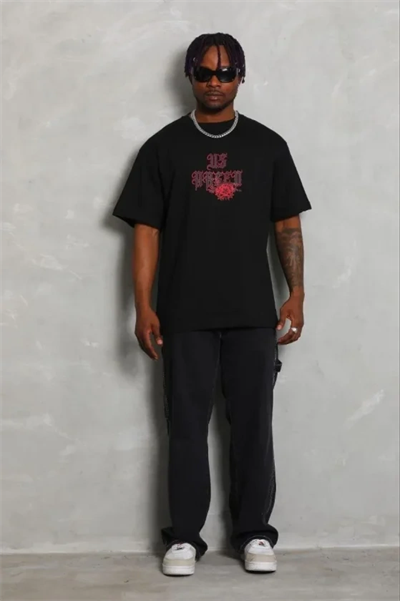 Erkek Baskılı T-Shirt Kısa Kol Bisiklet Yaka Regular Fit Rahat Kalıp Günlük Tişört - Siyah