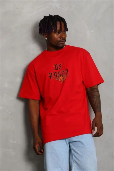 Erkek Baskılı T-Shirt Kısa Kol Bisiklet Yaka Regular Fit Rahat Kalıp Günlük Tişört - Kırmızı