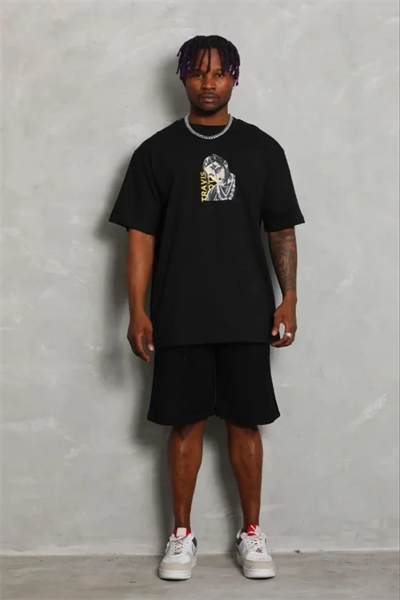 Erkek Baskılı T-Shirt Kısa Kol Bisiklet Yaka Regular Fit Rahat Kalıp Günlük Tişört - Siyah