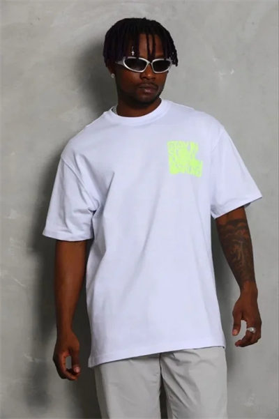 Erkek Baskılı T-Shirt Kısa Kol Bisiklet Yaka Regular Fit Rahat Kalıp Günlük Tişört - Beyaz