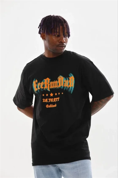 Erkek Baskılı T-Shirt Kısa Kol Bisiklet Yaka Regular Fit Rahat Kalıp Günlük Tişört - Siyah