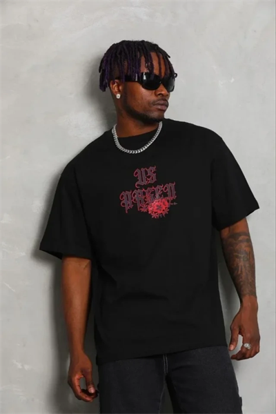 Erkek Baskılı T-Shirt Kısa Kol Bisiklet Yaka Regular Fit Rahat Kalıp Günlük Tişört - Siyah