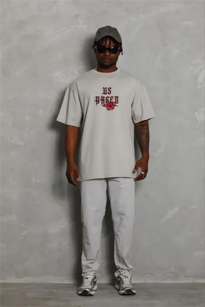 Erkek Baskılı T-Shirt Kısa Kol Bisiklet Yaka Regular Fit Rahat Kalıp Günlük Tişört - Gri