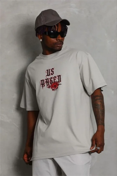 Erkek Baskılı T-Shirt Kısa Kol Bisiklet Yaka Regular Fit Rahat Kalıp Günlük Tişört - Gri