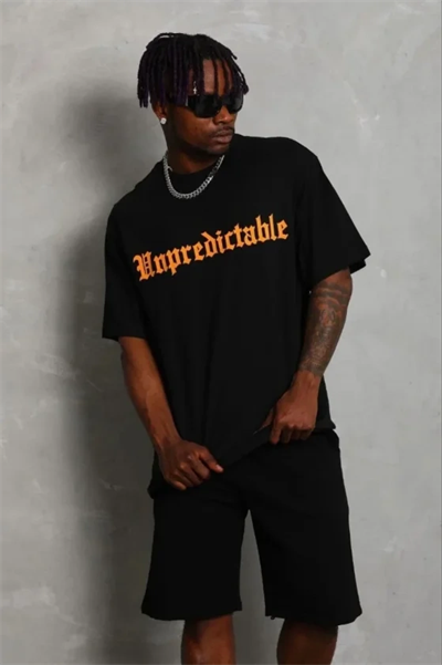 Erkek Baskılı T-Shirt Kısa Kol Bisiklet Yaka Regular Fit Rahat Kalıp Günlük Tişört - Siyah