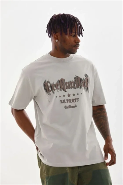 Erkek Baskılı T-Shirt Kısa Kol Bisiklet Yaka Regular Fit Rahat Kalıp Günlük Tişört - Gri