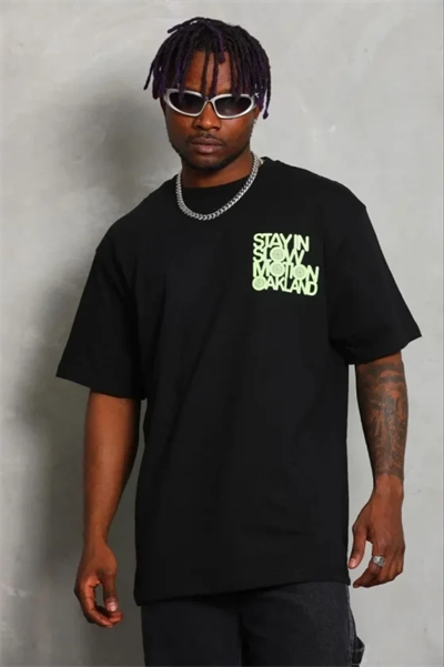 Erkek Baskılı T-Shirt Kısa Kol Bisiklet Yaka Regular Fit Rahat Kalıp Günlük Tişört - Siyah