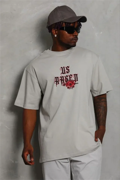 Erkek Baskılı T-Shirt Kısa Kol Bisiklet Yaka Regular Fit Rahat Kalıp Günlük Tişört - Gri