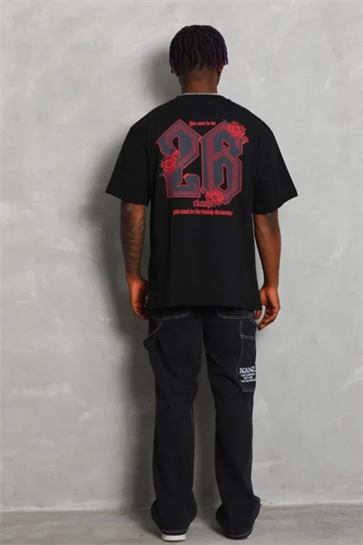 Erkek Baskılı Tişort Kısa Kol Bisiklet Yaka Ovarsize T-Shirt - Siyah