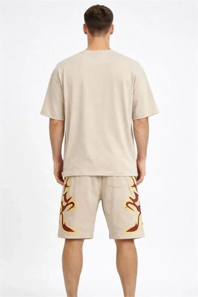 Erkek Bej Oversize Baskılı Tişört Şort Takım Cepli Şort Yazlık Rahat Günlük Kombin - Bej