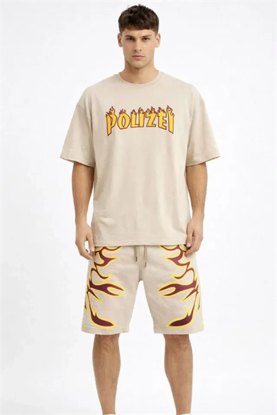 Erkek Bej Oversize Baskılı Tişört Şort Takım Cepli Şort Yazlık Rahat Günlük Kombin - Bej