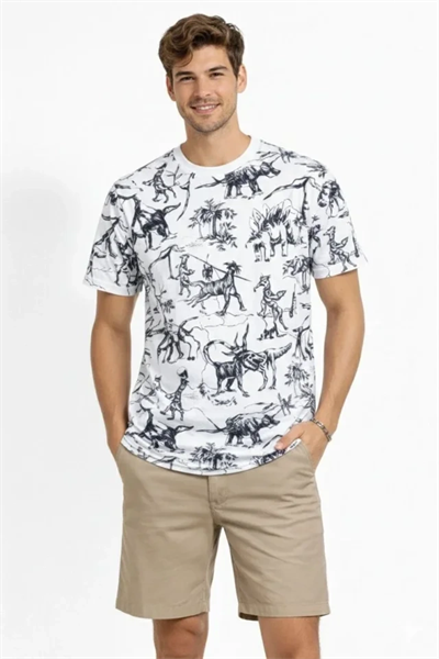 Erkek Beyaz Dinozor Desenli Tişört – Regular Fit, Bisiklet Yaka, Dijital Baskılı Pamuklu T-Shirt - Beyaz