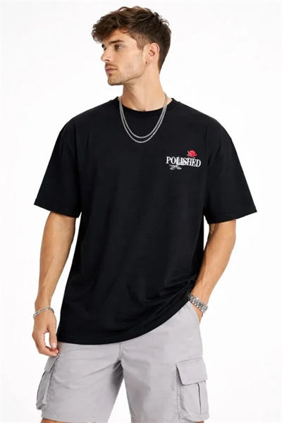 Erkek Bisiklet Yaka Baskılı  Kısa Kollu Tişört Streetwear Günlük Basic Pamuklu T-shirt - Siyah
