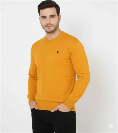 Erkek Bisiklet Yaka Nakış Işlemeli Triko Kazak Yumuşak Dokulu Pamuklu Ince Dokuma, Uzun Kollu Rahat Regular Kalıp - Turuncu