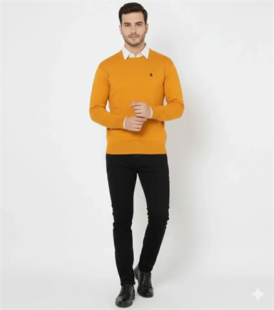 Erkek Bisiklet Yaka Nakış Işlemeli Triko Kazak Yumuşak Dokulu Pamuklu Ince Dokuma, Uzun Kollu Rahat Regular Kalıp - Turuncu