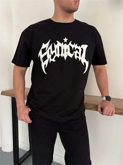 Erkek Bisiklet Yaka Ön Baskılı  Kısa Kollu Tişört Streetwear Günlük Basic Pamuklu T-shirt - Siyah