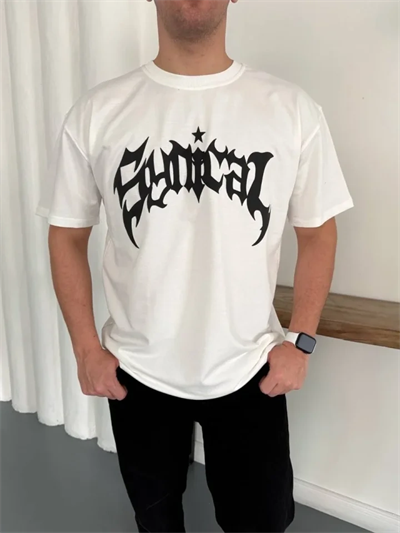 Erkek Bisiklet Yaka Ön Baskılı Kısa Kollu Tişört Streetwear Günlük Basic Pamuklu T-shirt - Beyaz