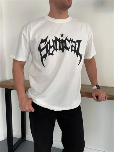 Erkek Bisiklet Yaka Ön Baskılı Kısa Kollu Tişört Streetwear Günlük Basic Pamuklu T-shirt - Beyaz