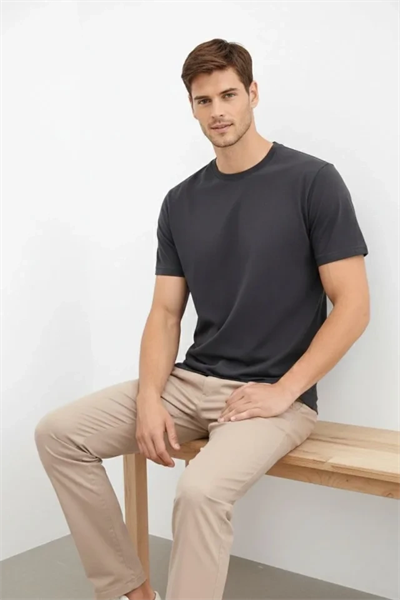 Erkek Bisiklet Yaka Tişört Regular Kalıp Basic Pamuklu Günlük Kullanım T-shirt - Füme