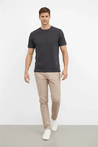 Erkek Bisiklet Yaka Tişört Regular Kalıp Basic Pamuklu Günlük Kullanım T-shirt - Füme