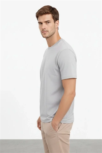 Erkek Bisiklet Yaka Tişört Regular Kalıp Basic Pamuklu Günlük Kullanım T-shirt - Gri