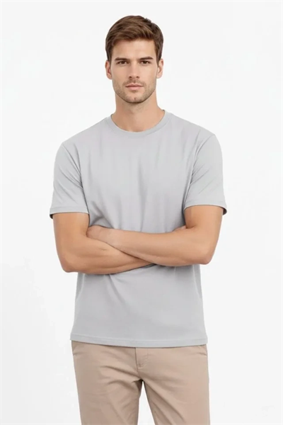 Erkek Bisiklet Yaka Tişört Regular Kalıp Basic Pamuklu Günlük Kullanım T-shirt - Gri