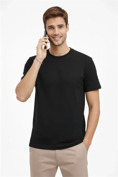 Erkek Bisiklet Yaka Tişört Regular Kalıp Basic Pamuklu Günlük Kullanım T-shirt - Siyah