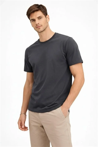 Erkek Bisiklet Yaka Tişört Regular Kalıp Basic Pamuklu Günlük Kullanım T-shirt - Füme