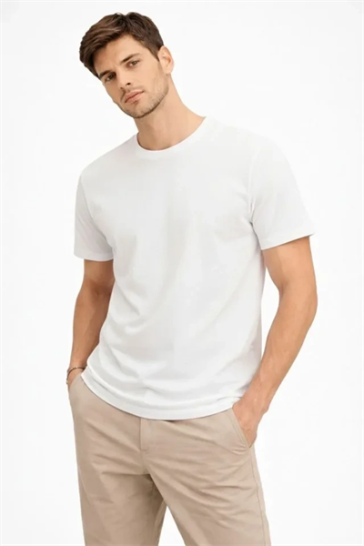 Erkek Bisiklet Yaka Tişört Regular Kalıp Basic Pamuklu Günlük Kullanım T-shirt - Beyaz