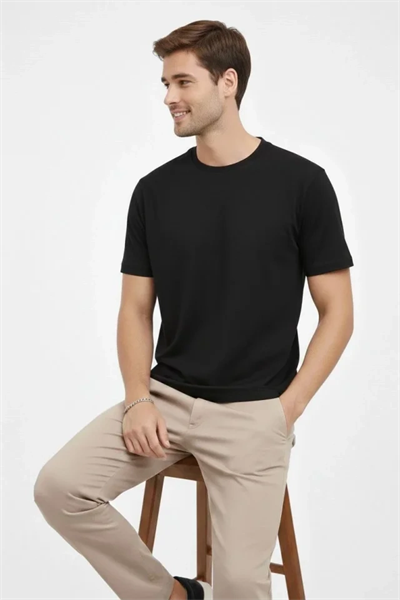 Erkek Bisiklet Yaka Tişört Regular Kalıp Basic Pamuklu Günlük Kullanım T-shirt - Siyah