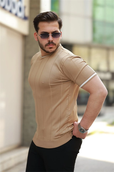 Erkek Bisiklet Yaka çizgi Desenli Ribanalı Kısa Kollu Tshirt