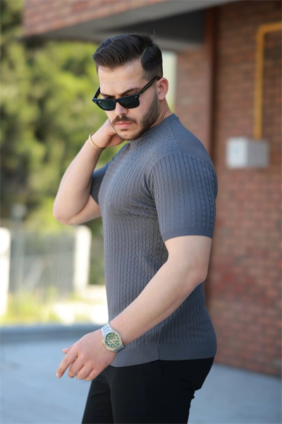 Erkek Bisiklet Yaka örgü Desenli Kısa örme Triko Kısa Kollu T-shirt