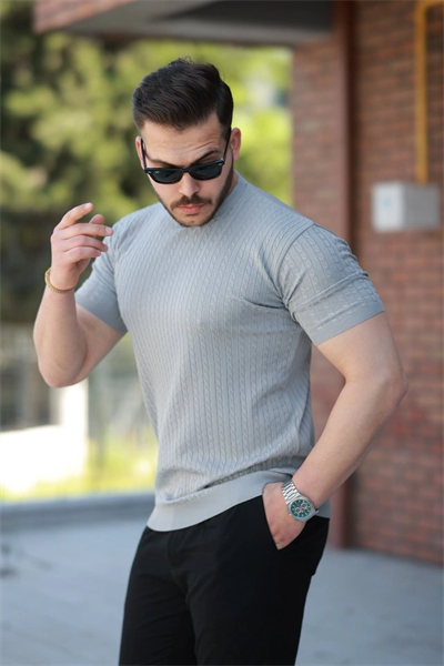 Erkek Bisiklet Yaka örgü Desenli Kısa örme Triko Kısa Kollu T-shirt