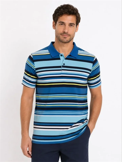 Erkek Çizgili Polo Yaka Tişört Kısa Kol Yazlık T-Shirt Regular Fit - Mavi