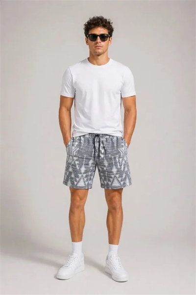 Erkek Desenli Dokuma Yazlık Şort Lastikli Bel Bağcıklı Rahat Kesim - Gri