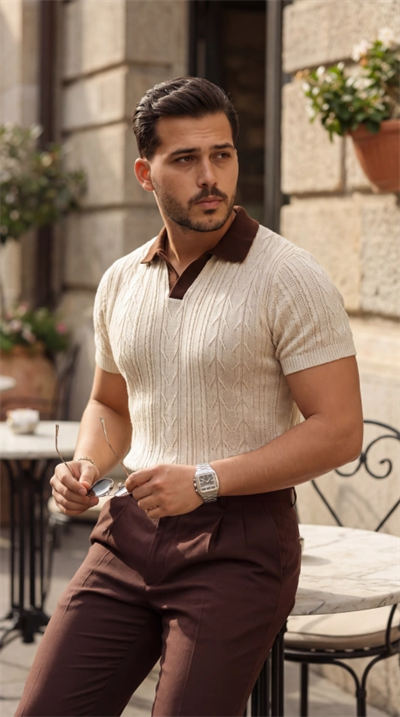 Erkek Desenli Kısa Kollu Triko Tişört - %100 Pamuk Akrilik