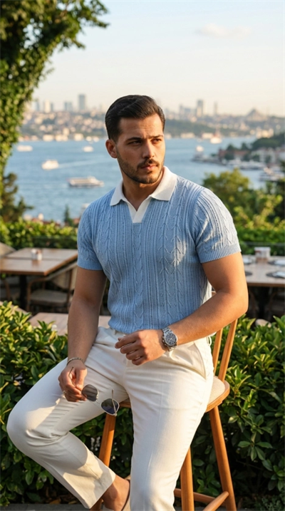 Erkek Desenli Kısa Kollu Triko Tişört - %100 Pamuk Akrilik