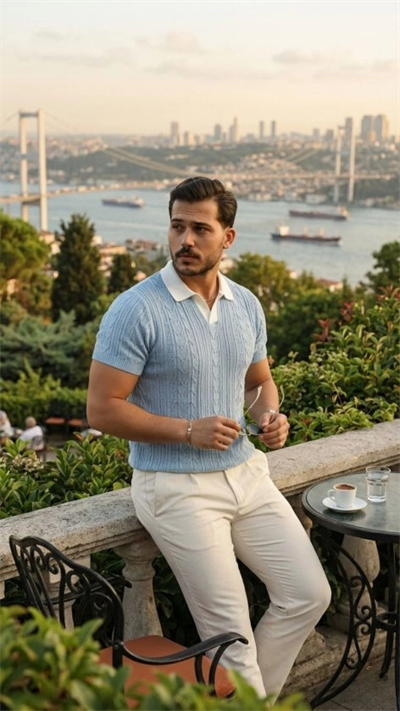 Erkek Desenli Kısa Kollu Triko Tişört - %100 Pamuk Akrilik