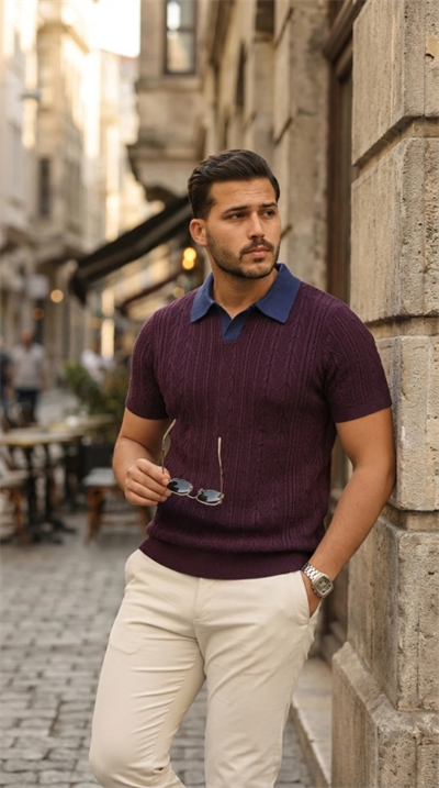 Erkek Desenli Kısa Kollu Triko Tişört - %100 Pamuk Akrilik