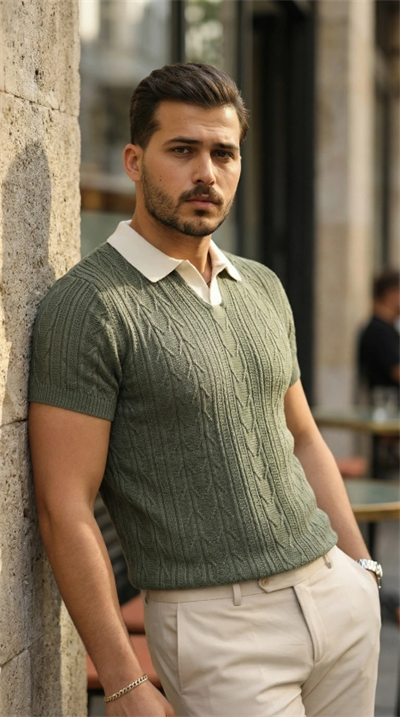 Erkek Desenli Kısa Kollu Triko Tişört - %100 Pamuk Akrilik