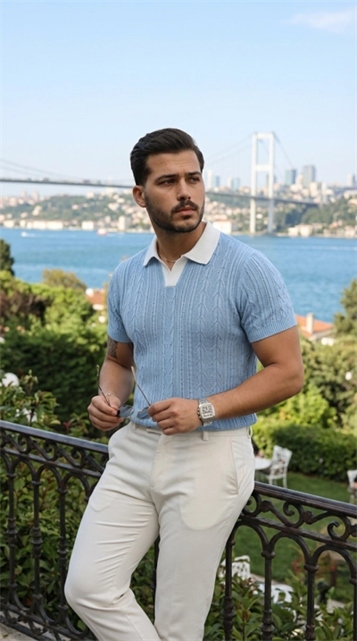 Erkek Desenli Kısa Kollu Triko Tişört - %100 Pamuk Akrilik