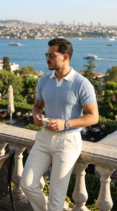 Erkek Desenli Kısa Kollu Triko Tişört - %100 Pamuk Akrilik