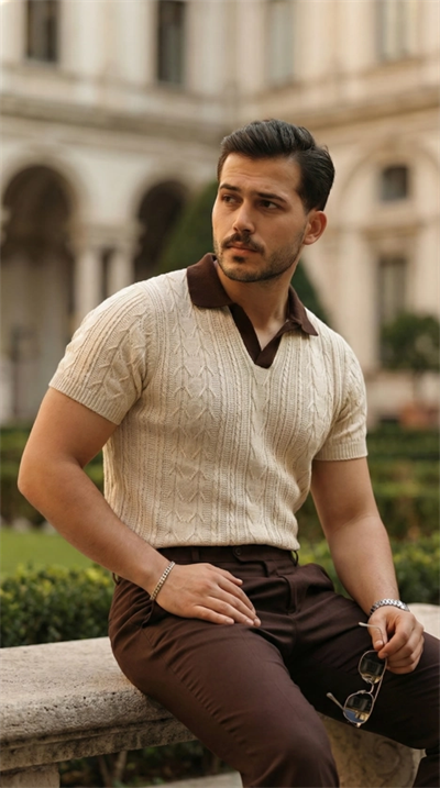 Erkek Desenli Kısa Kollu Triko Tişört - %100 Pamuk Akrilik