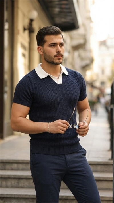 Erkek Desenli Kısa Kollu Triko Tişört - %100 Pamuk Akrilik