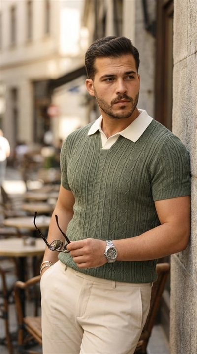 Erkek Desenli Kısa Kollu Triko Tişört - %100 Pamuk Akrilik