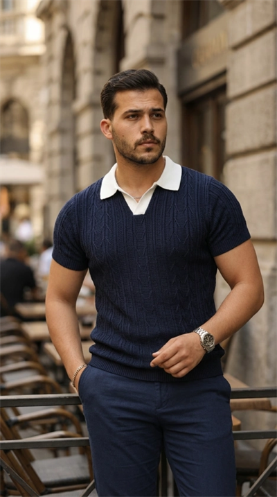 Erkek Desenli Kısa Kollu Triko Tişört - %100 Pamuk Akrilik