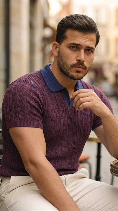 Erkek Desenli Kısa Kollu Triko Tişört - %100 Pamuk Akrilik