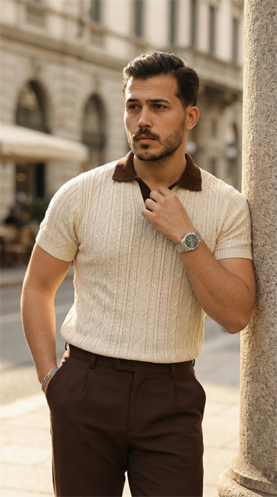 Erkek Desenli Kısa Kollu Triko Tişört - %100 Pamuk Akrilik